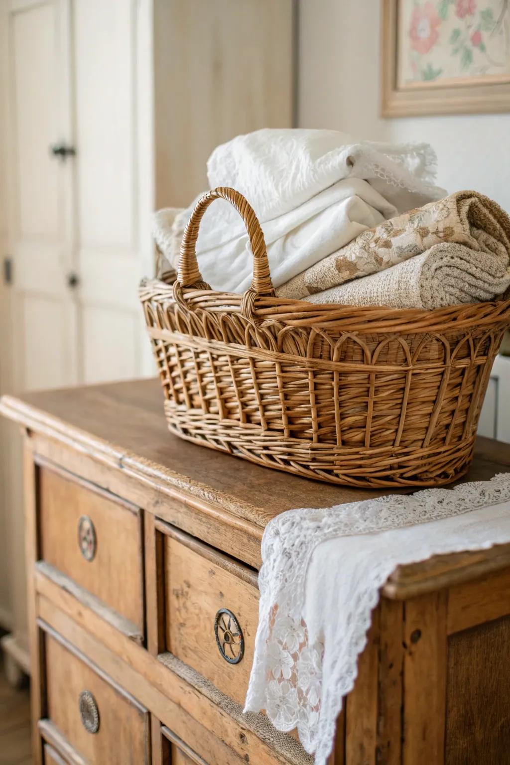 A basket showcasing retro linens appends a timeless impression to any given decor.