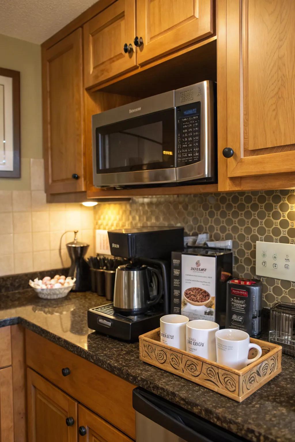 A quick cooker above the coffee station streamlines your morning routine.