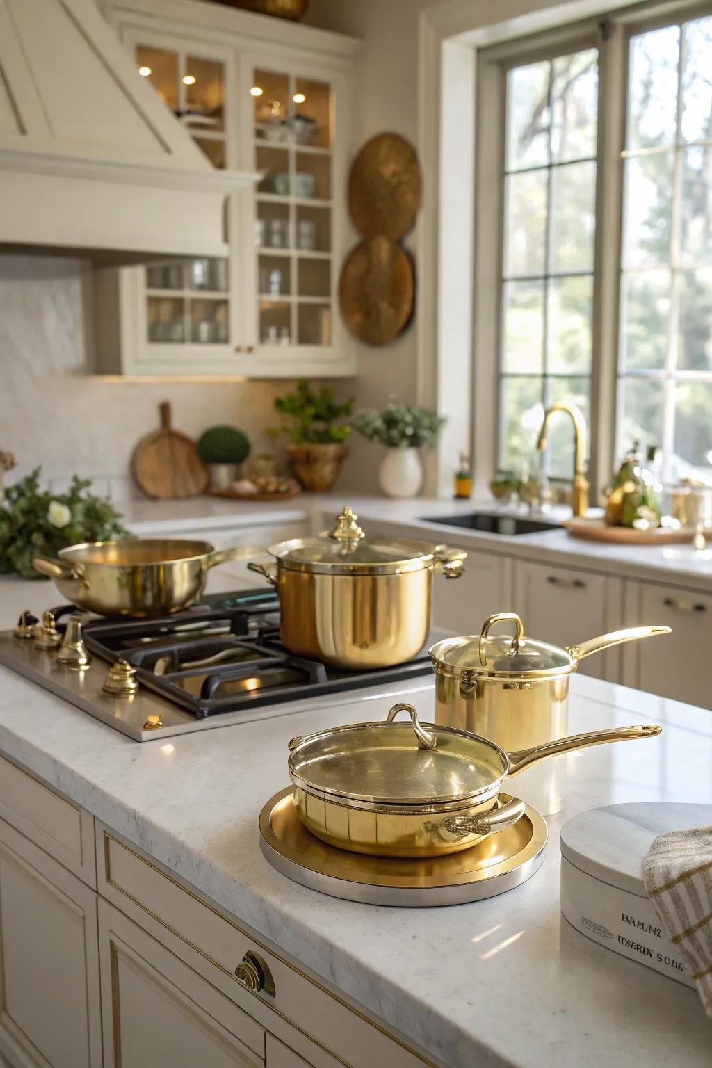 Gilded edged cookware serves as both functional and decorative elements.