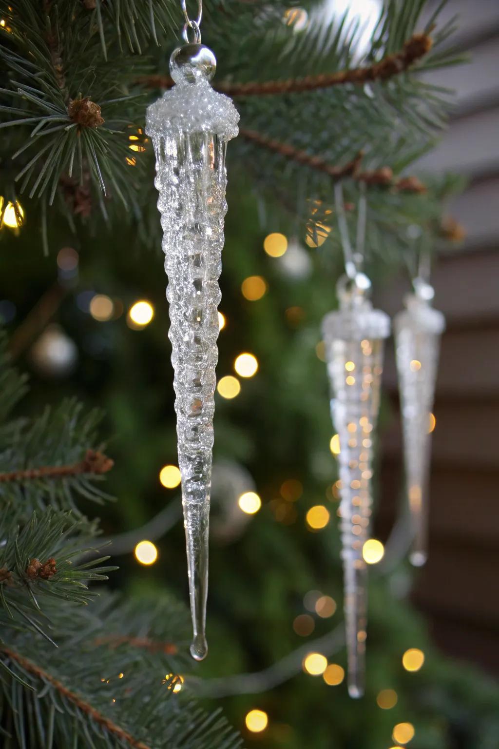Silver cascade ornaments for an icy, elegant aesthetic.