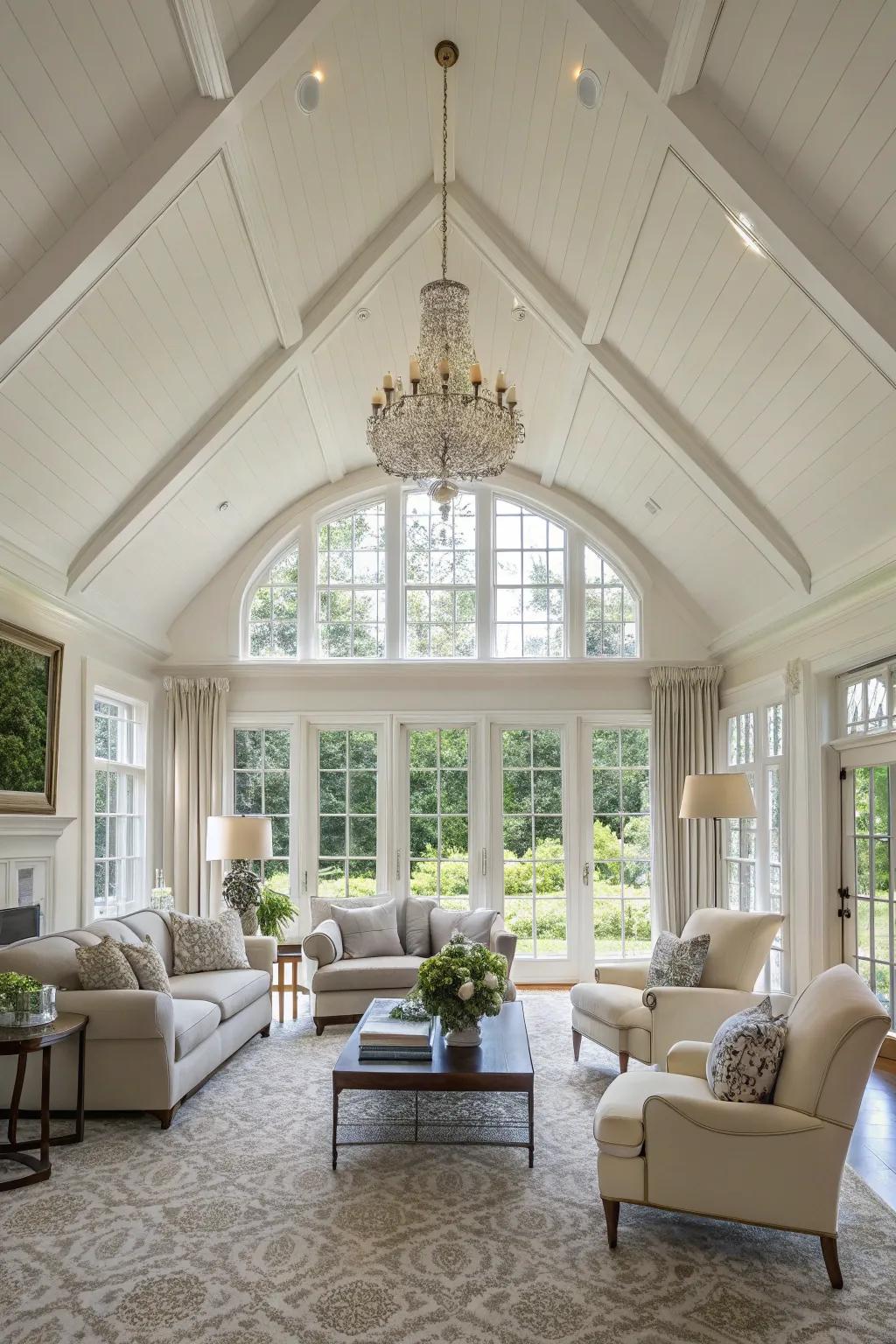 A living room featuring a vaulted white ceiling, making the space feel grand and open.