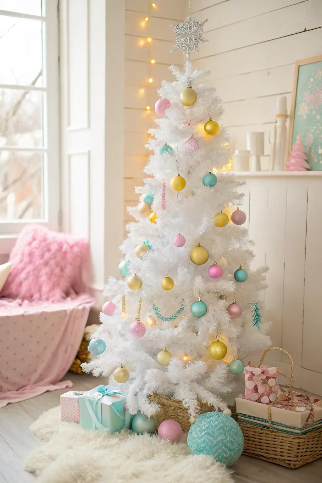 Vibrant pastels creating a dreamy look on a snow-white holiday tree.