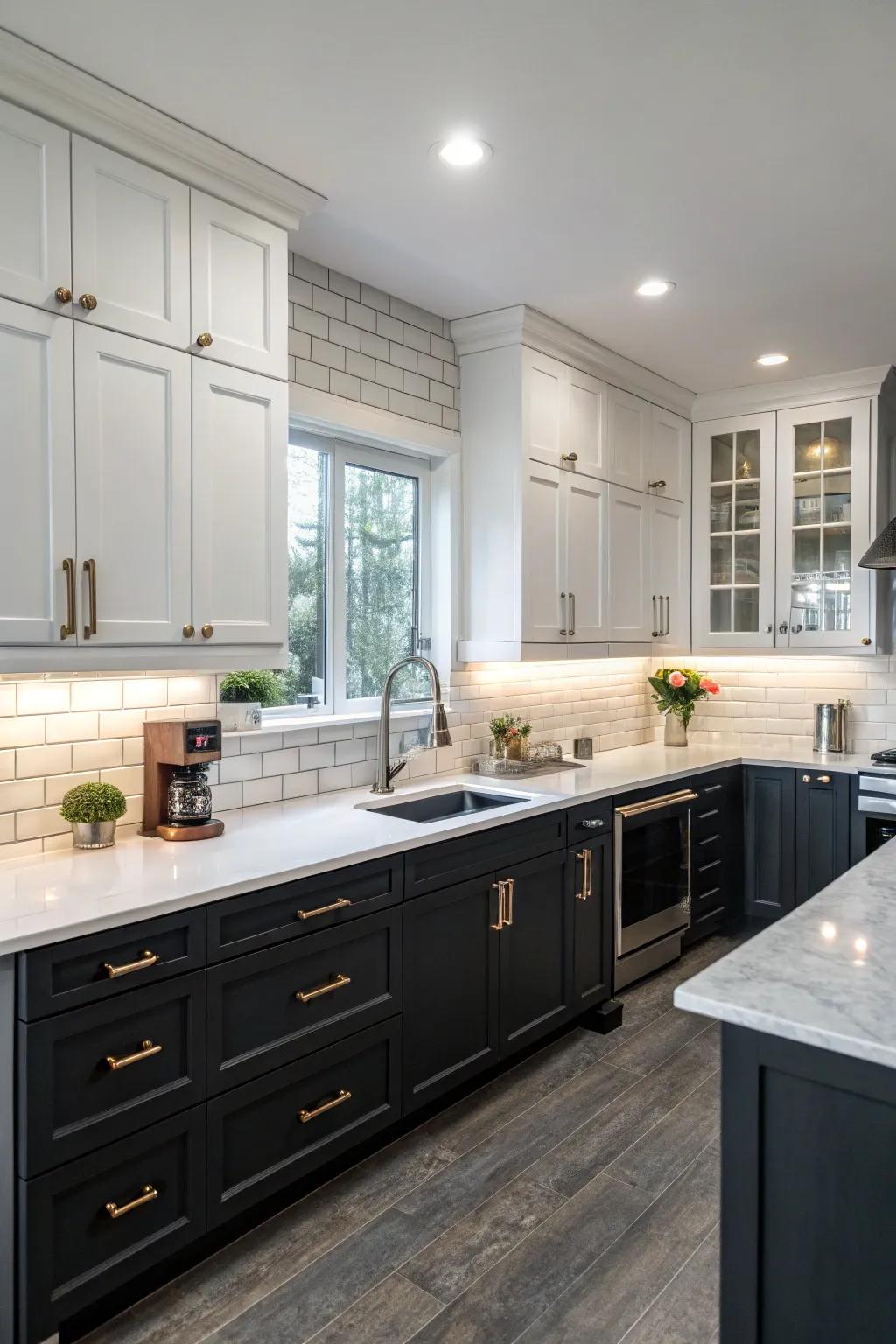 Bicolor cabinetry imparts profundity and a grounded sensation to the radiant kitchen.