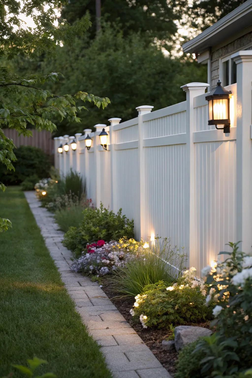 Integrated illumination on a white fence fosters an enchanting nocturnal ambiance.
