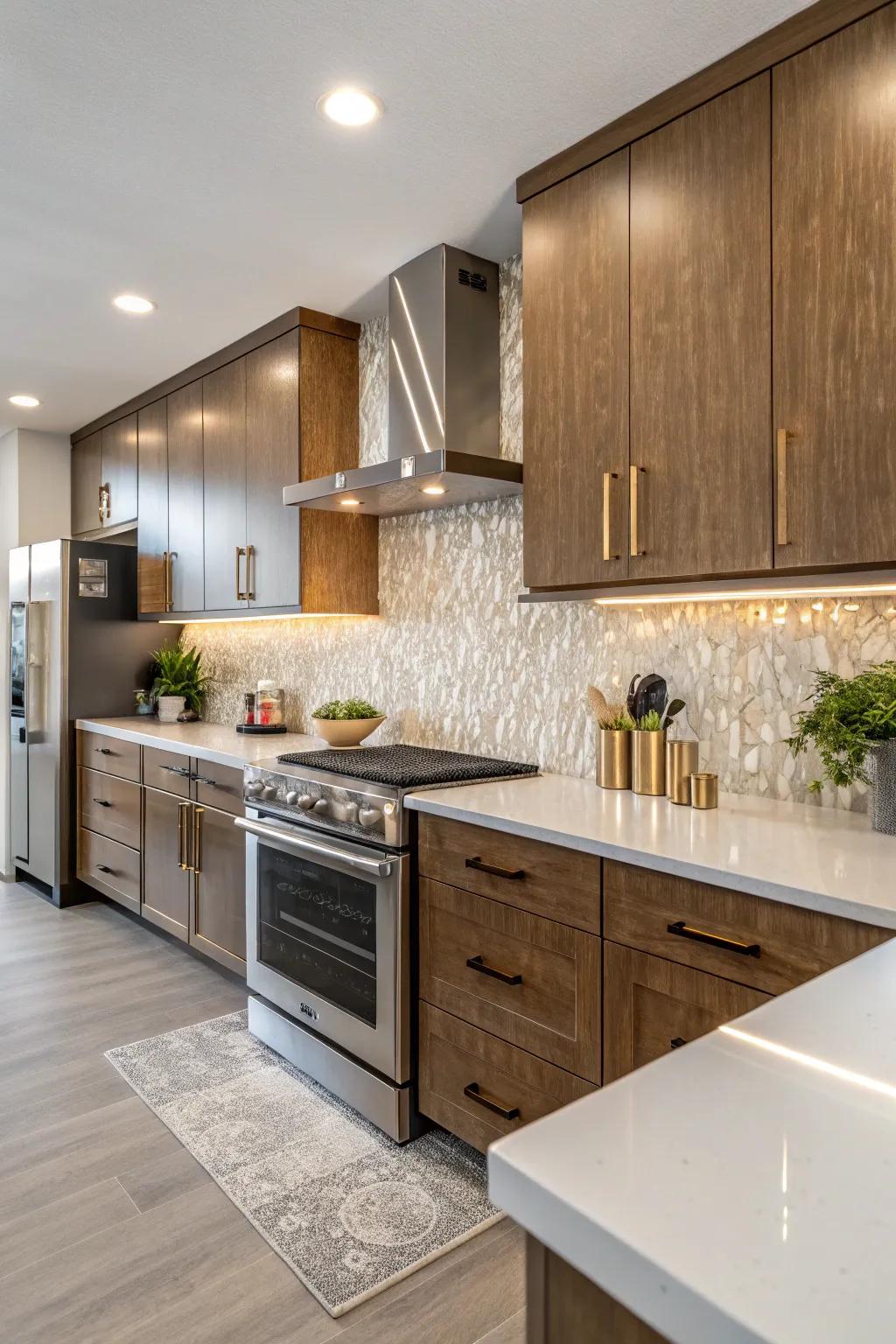 A lavish culinary space featuring a stone backsplash interwoven with metallic highlights.