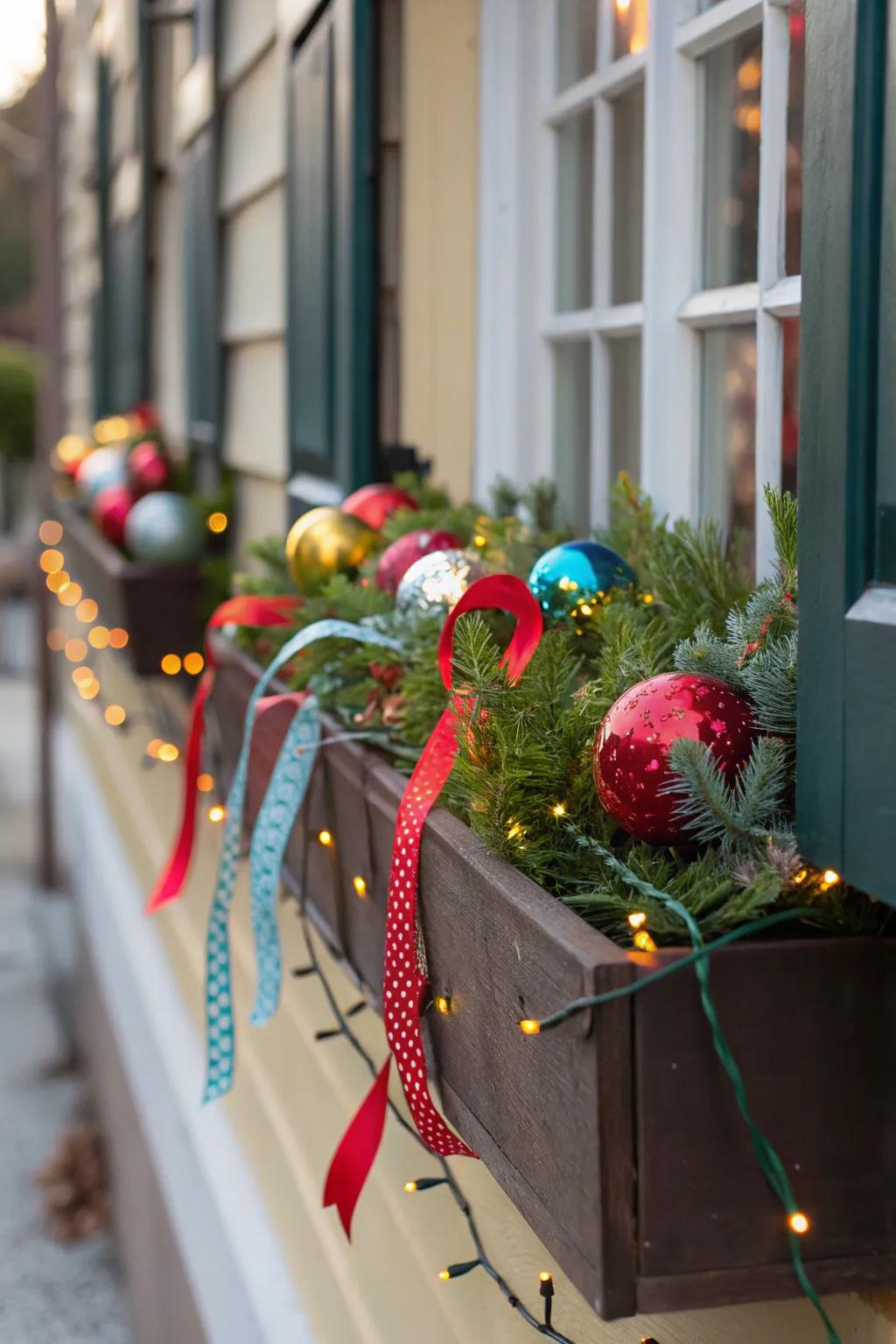 Radiating holiday cheer with a medley of festive decorations in a window box