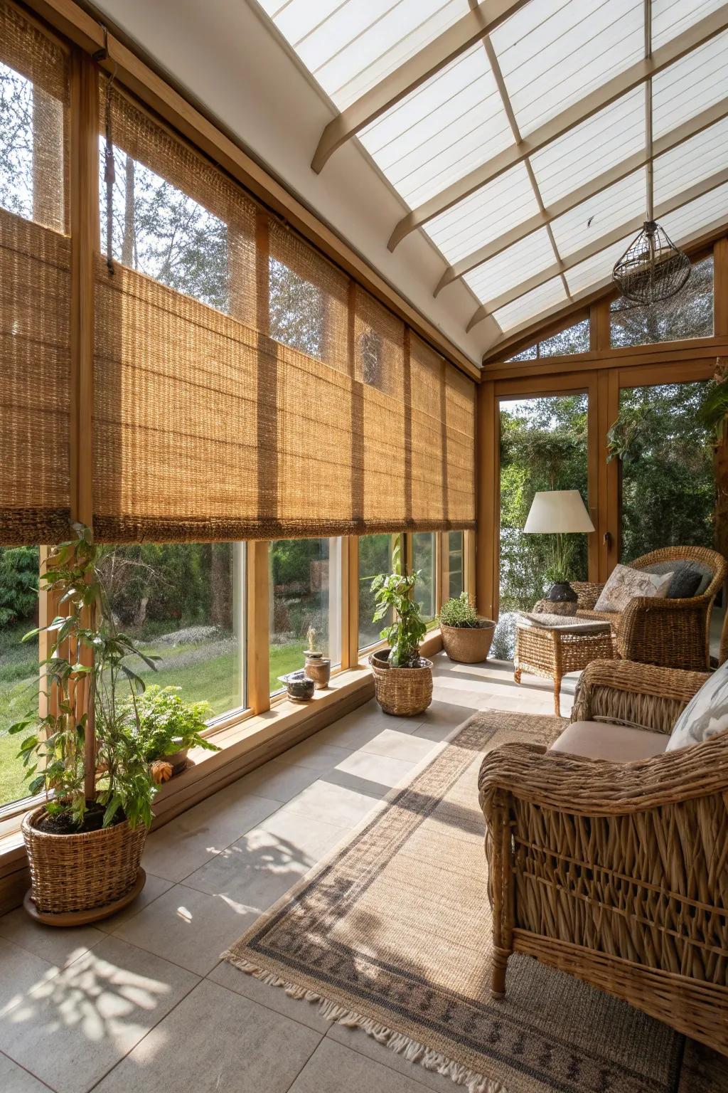 Woven wood shades add natural texture and warmth.