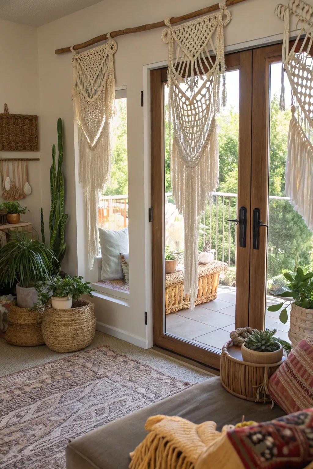 Knotted fiber panels offer a boho-chic and creative solution.