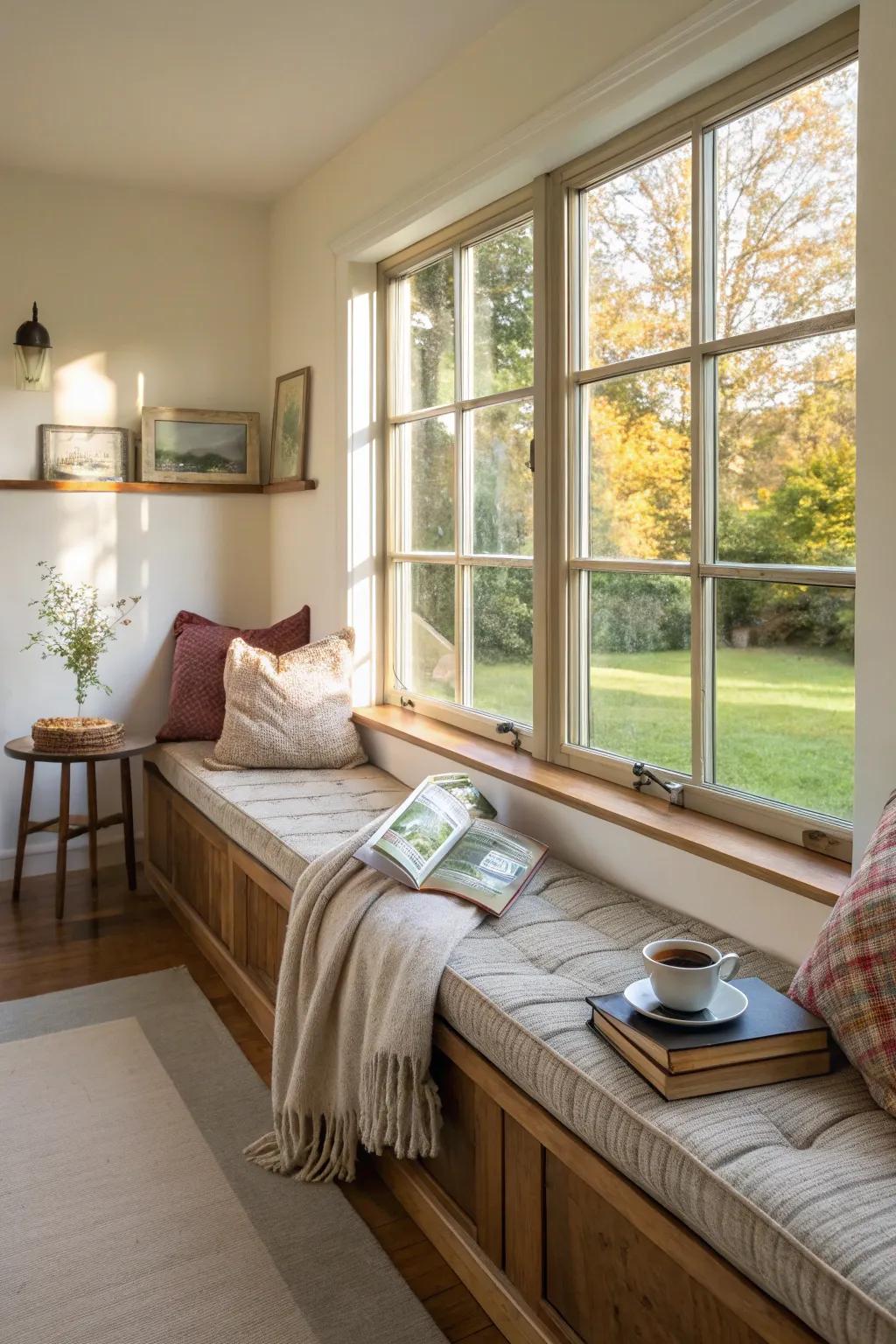 A lengthy window seat that maximizes space and function.