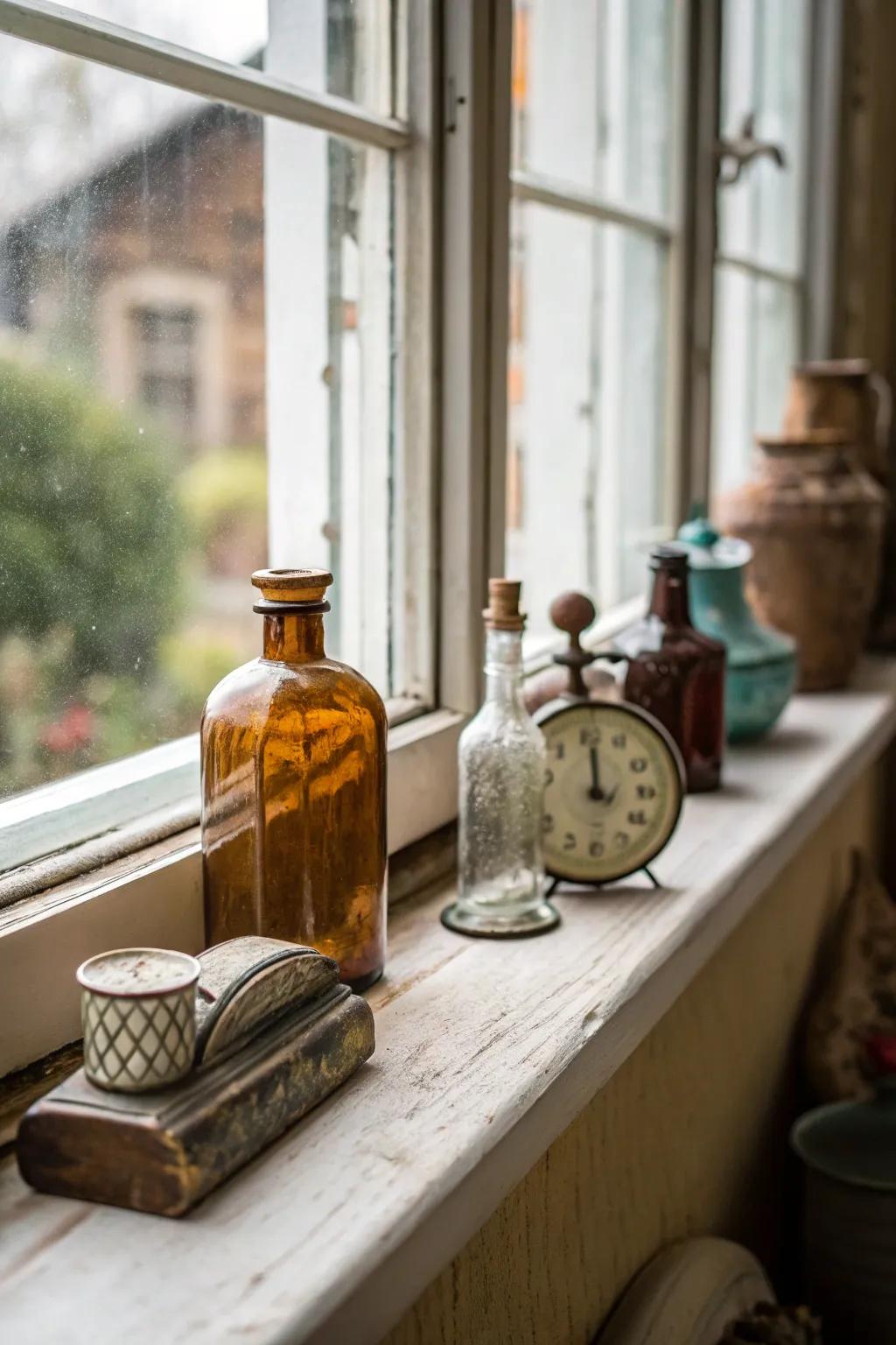 Vintage finds add charm and a narrative to the windowsill.