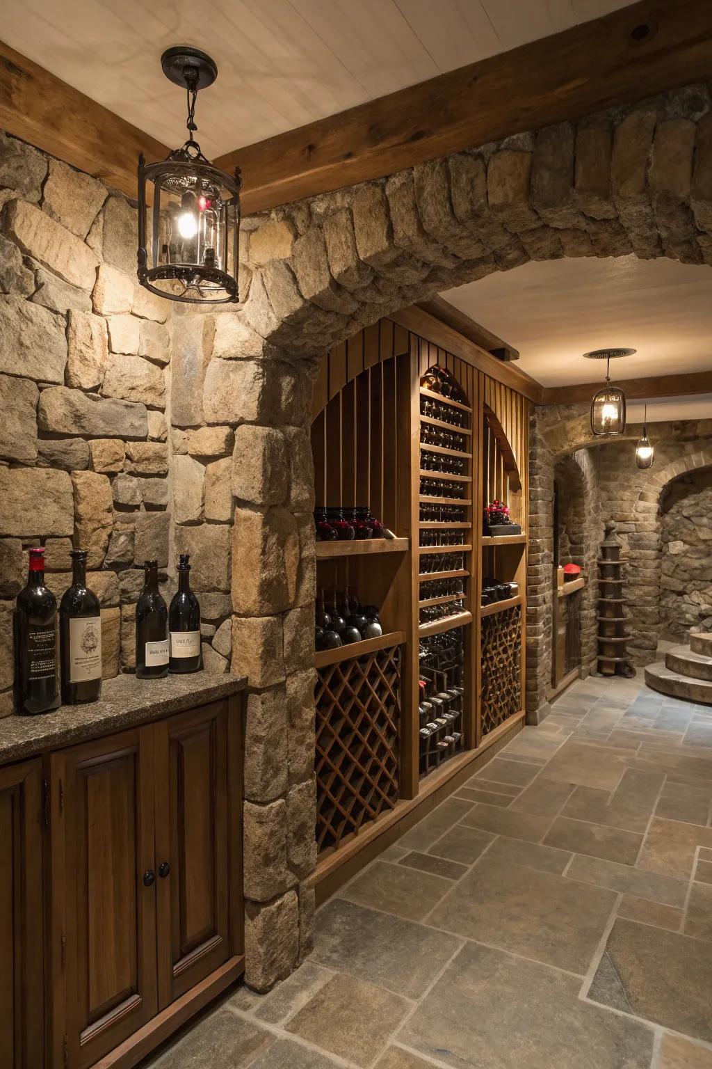 Wine cellar with raw rock face cladding.