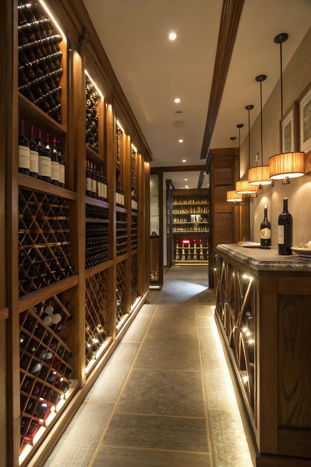 Ambient floor illumination providing a warm pathway in the wine room.