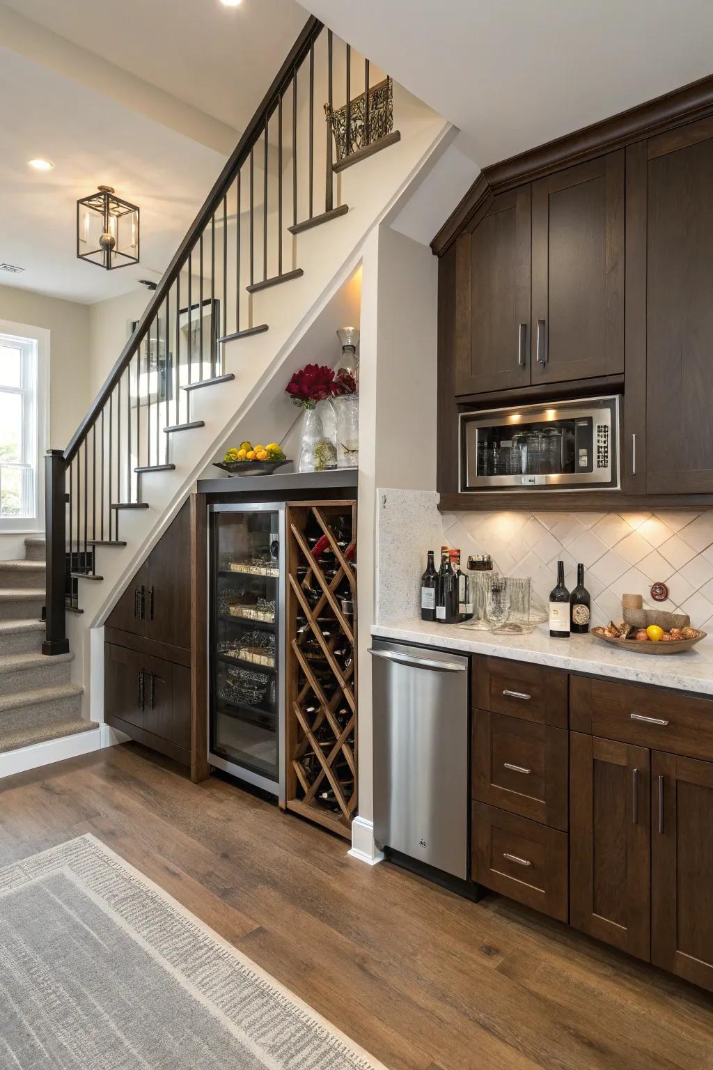A wine nook transforms unused space into a featured spot.