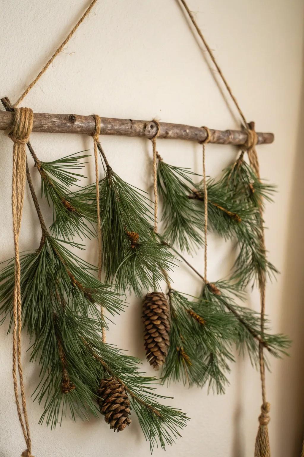 A pine bough mural hanging infuses organic elegance into any embellishment.