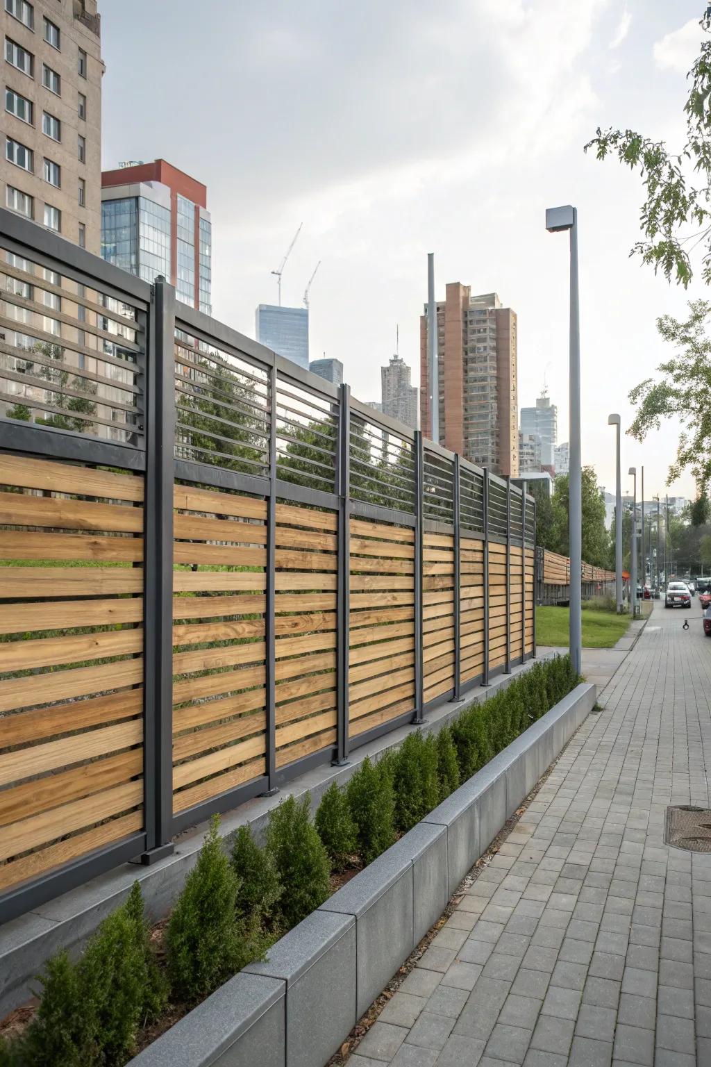A polished fence exhibiting horizontal lumber boards and steel frameworks.