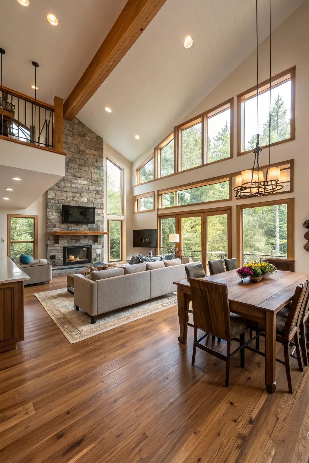 Open-concept home featuring unifying wooden flooring.