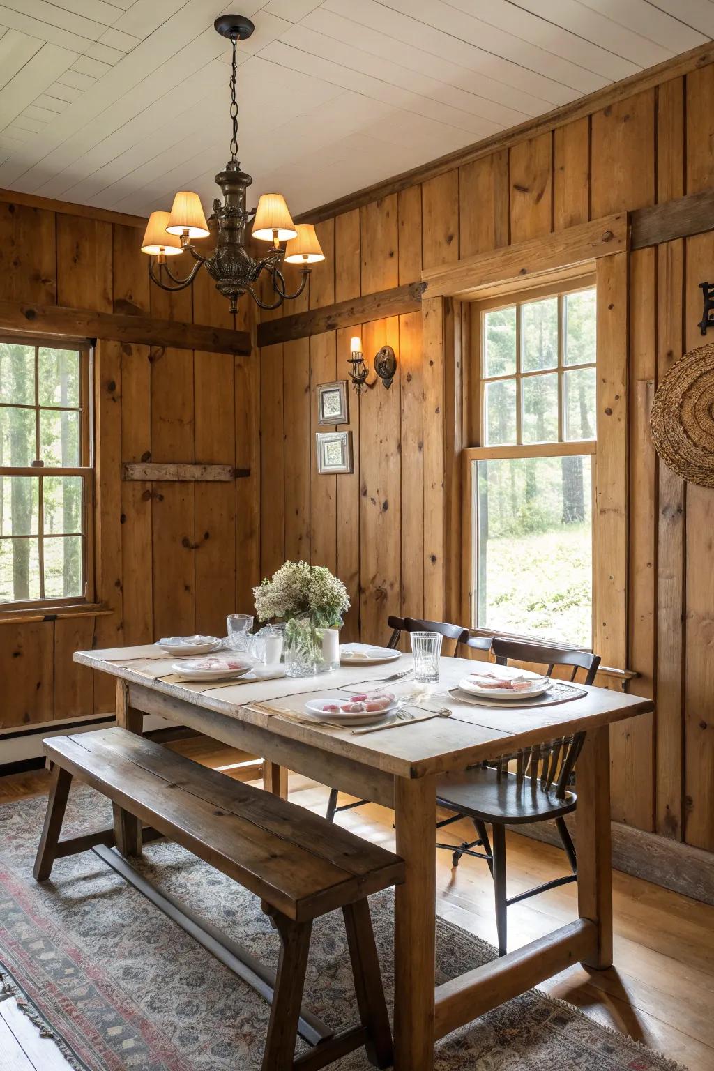 Rustic wood panels infuse any room with a captivating warmth and charm.