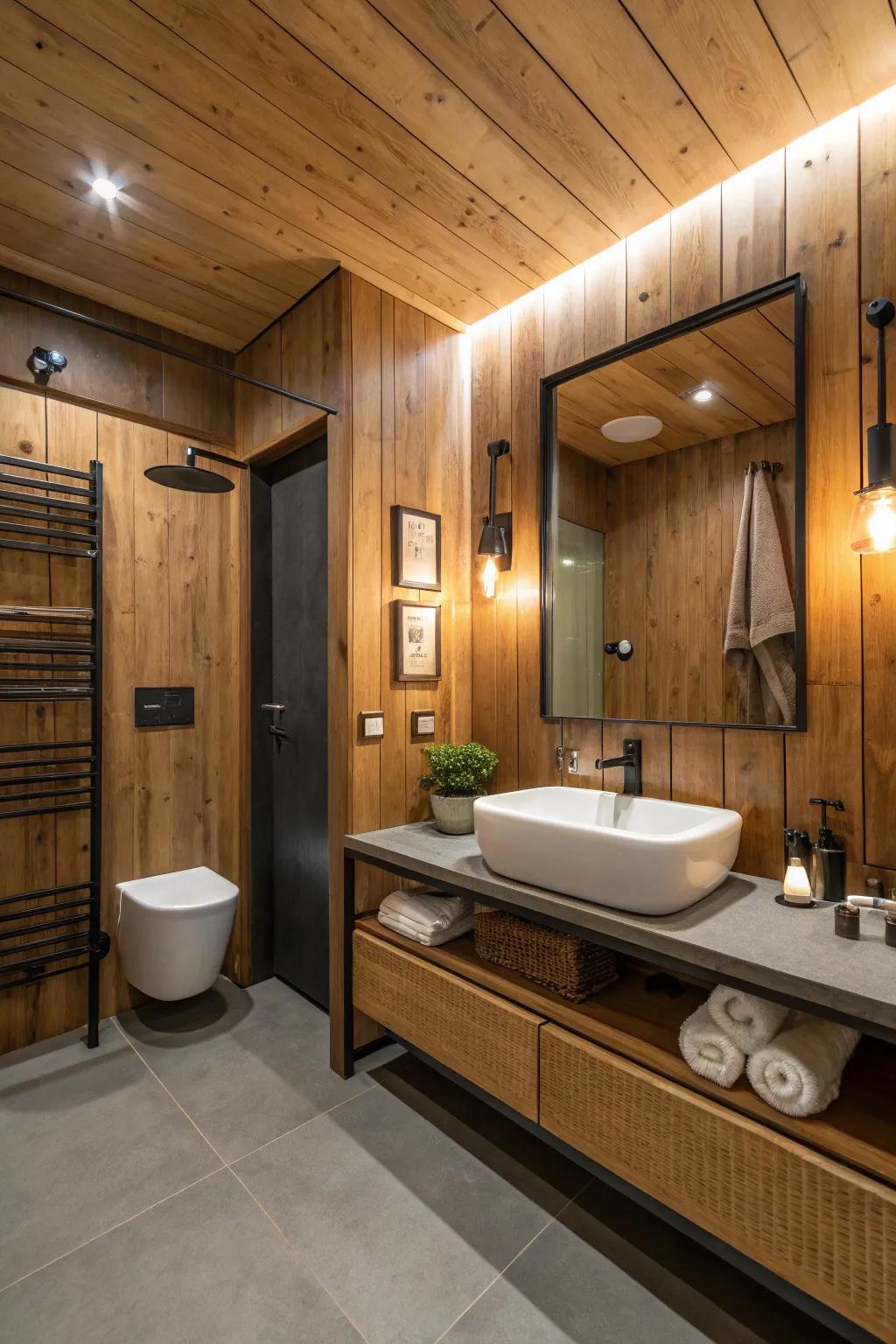 Wood layering imparts both warmth and texture to bathrooms.