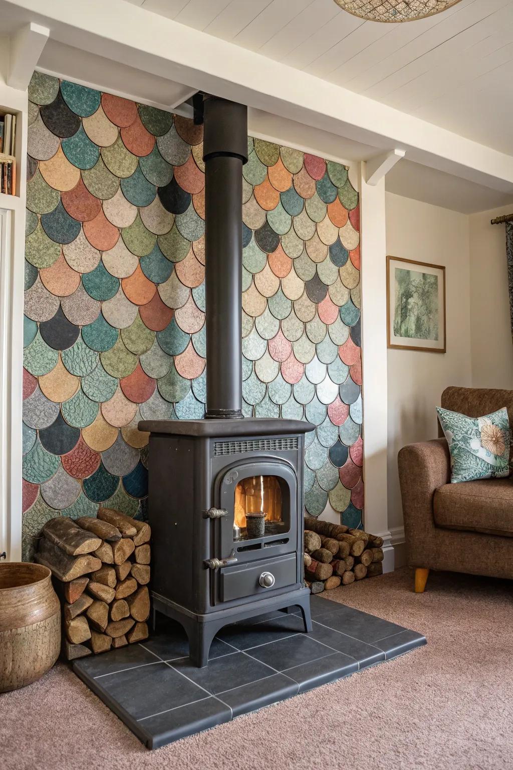Fish scale tiles deliver a whimsical and distinctive design surrounding your wood burner.