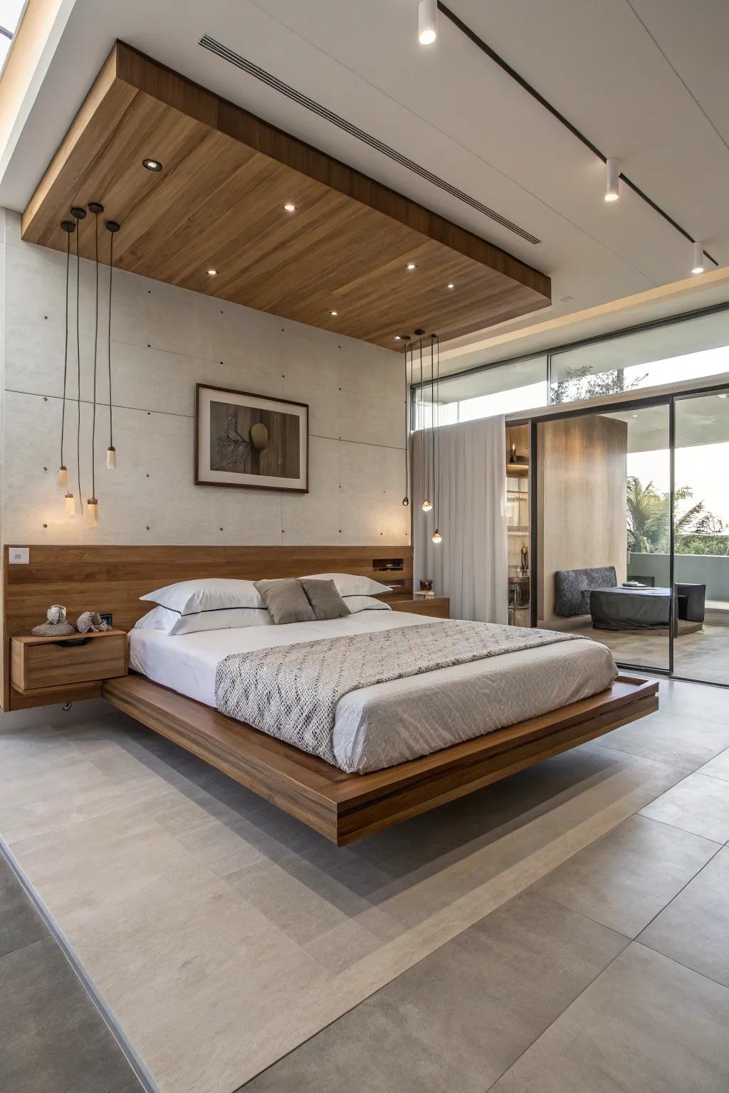 A floating wooden bed creates a modern and airy atmosphere.