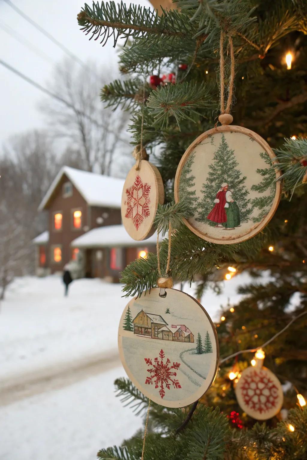 Scenes from vintage holiday cards have been repurposed on wood decorations.