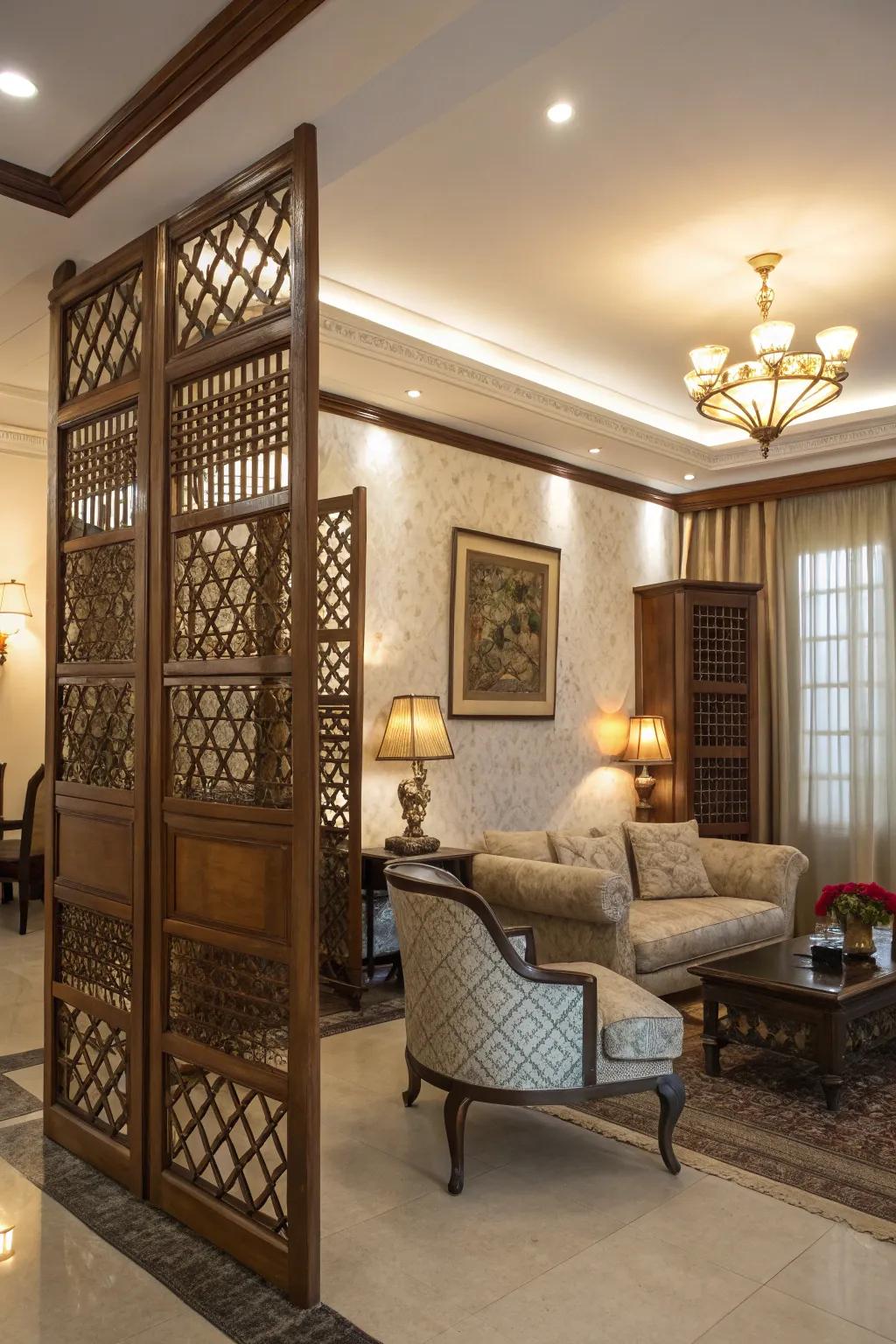 Lattice work on timber partitions adds sophisticated charm to this living room.