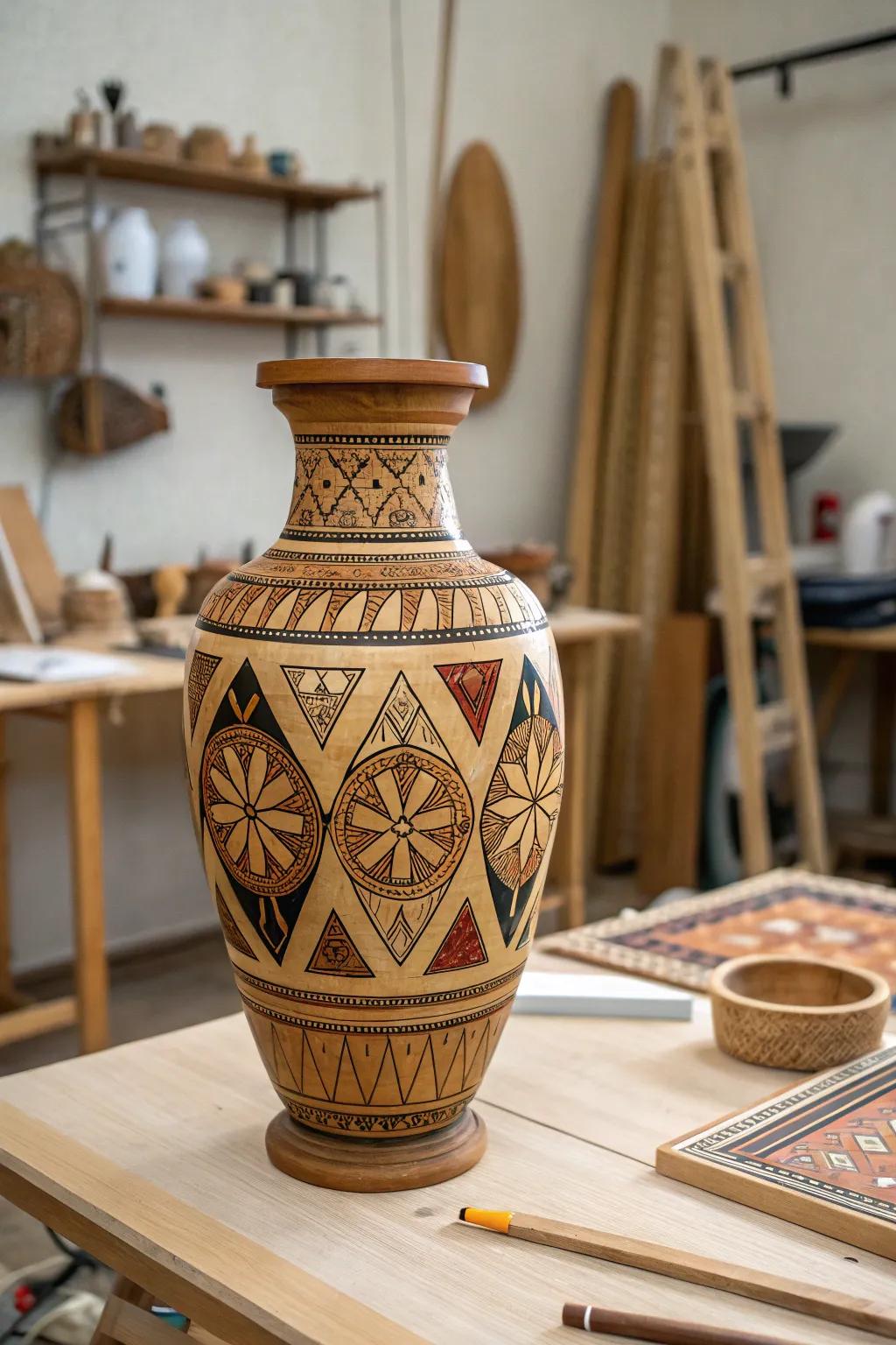 Synergize artistic constituent elements through the strategic deployment of timber vases featuring intricately crafted encrustations.