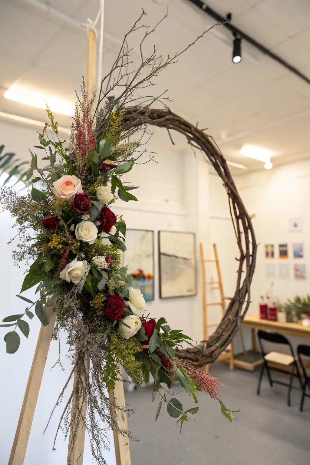 A wreath displaying creative flair in its unique design.