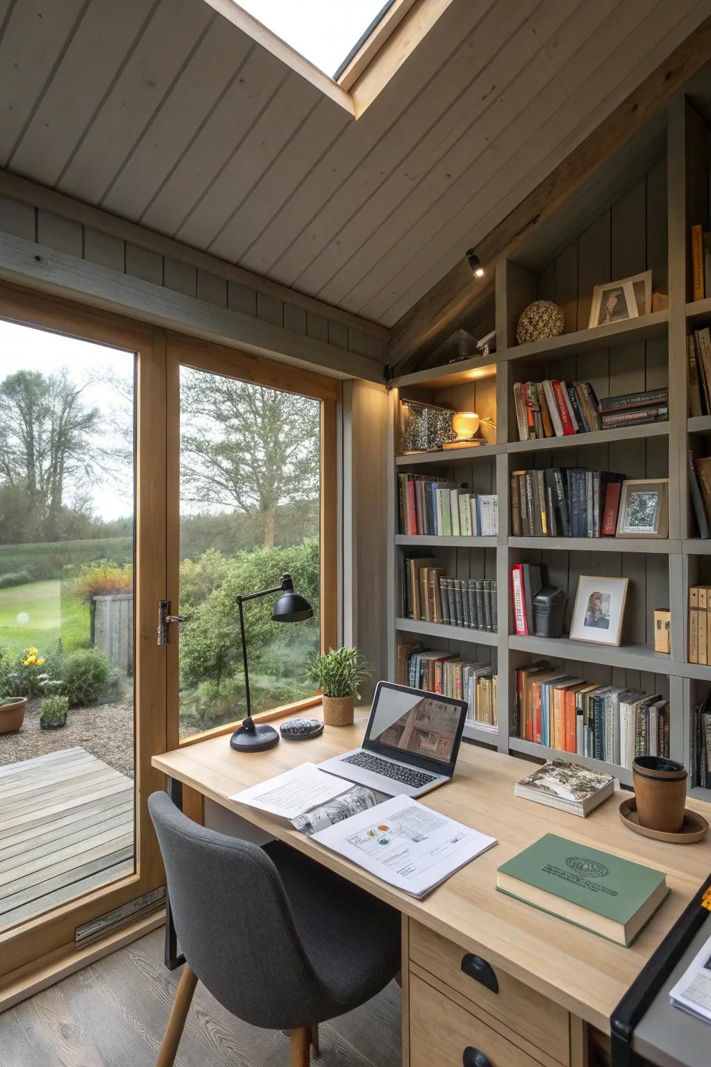 A tech-enhanced writing shed providing modern amenities.