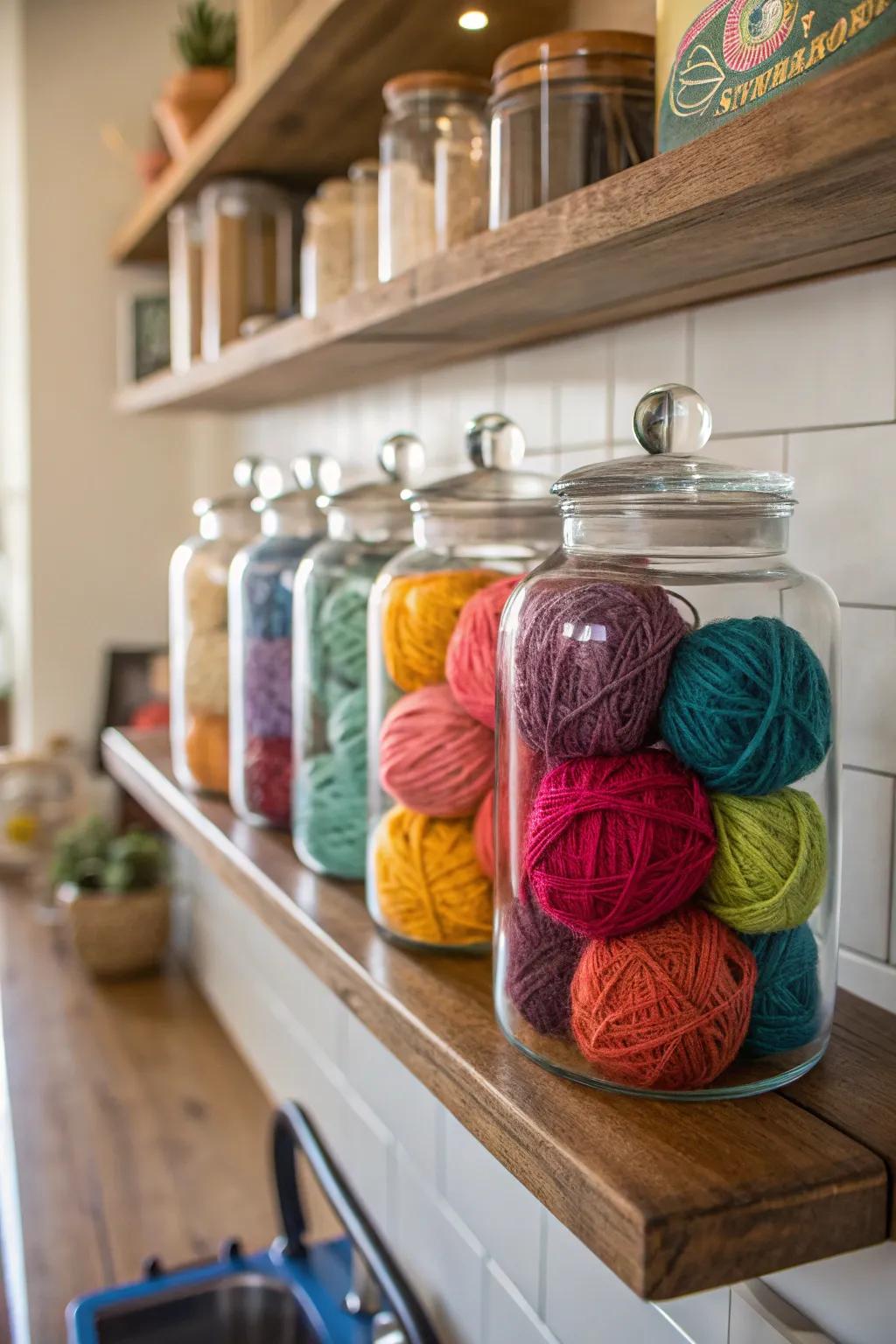 Glass containers create a delightful and protective yarn display.