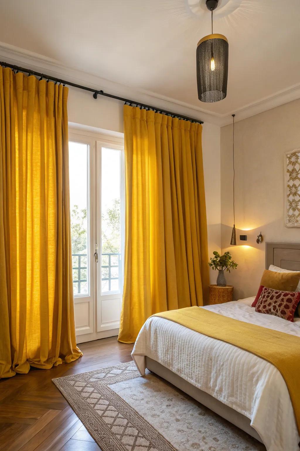 Intense gold drapes serve as a bold centerpiece in a vibrant bedroom.