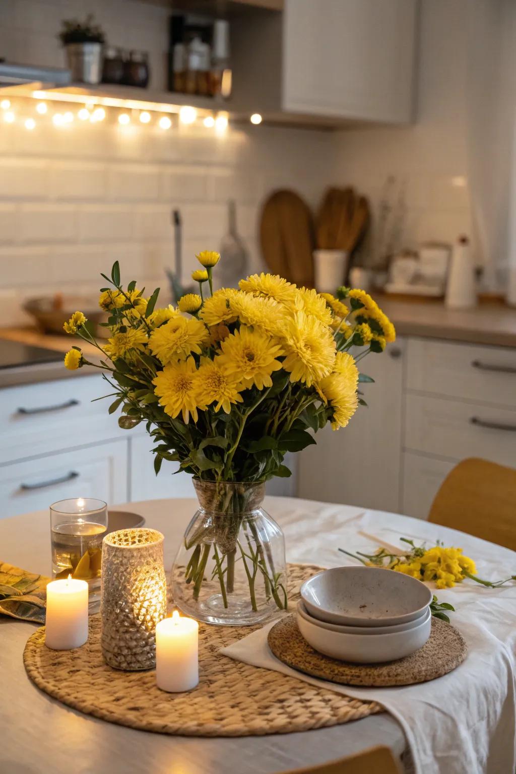 Yellow flowers infuse the kitchen with natural beauty and radiance.