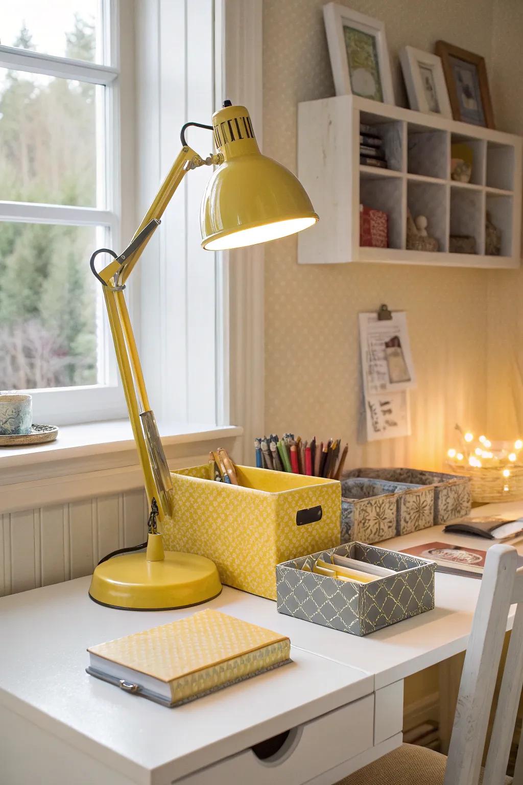 A creative workspace accented with golden elements.