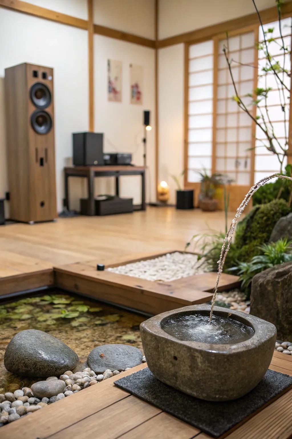 Peaceful sound arrangements elevate the room's tranquility.