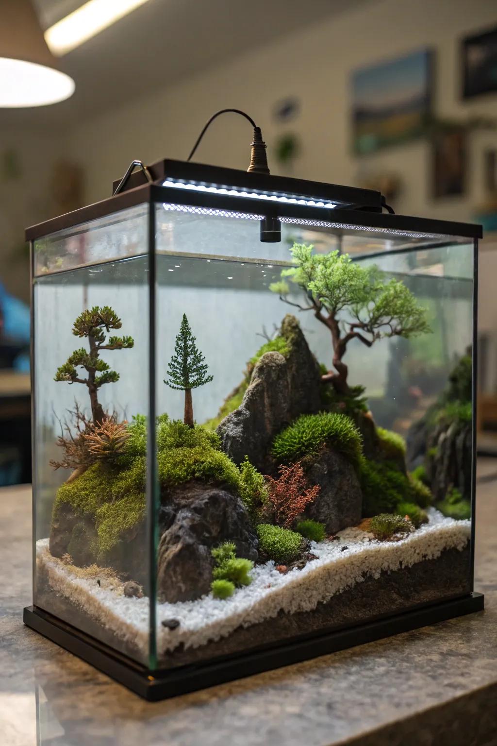 Miniature vistas provide a charming and detailed tank setup.