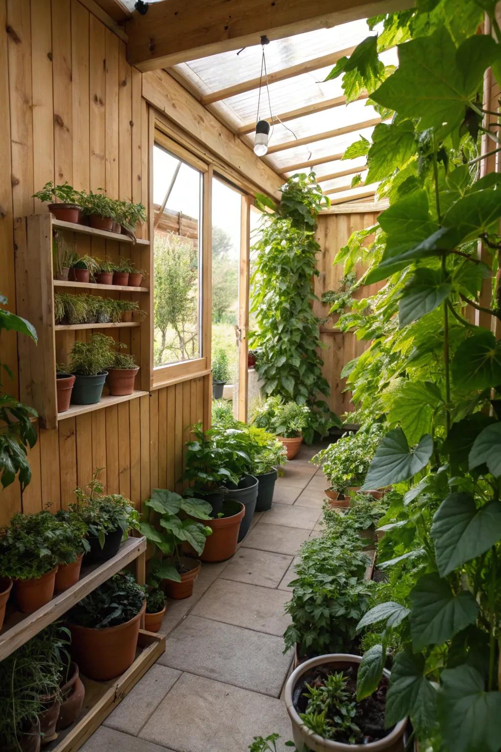 An indoor garden oasis with lush plants and vertical greenery.