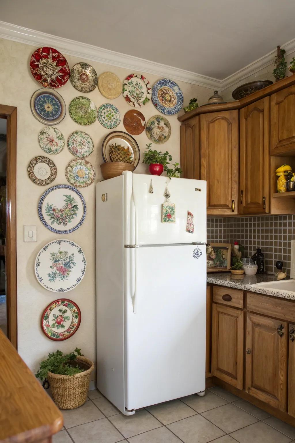 Eclectic plates bring color and innovative design to the fridge top.