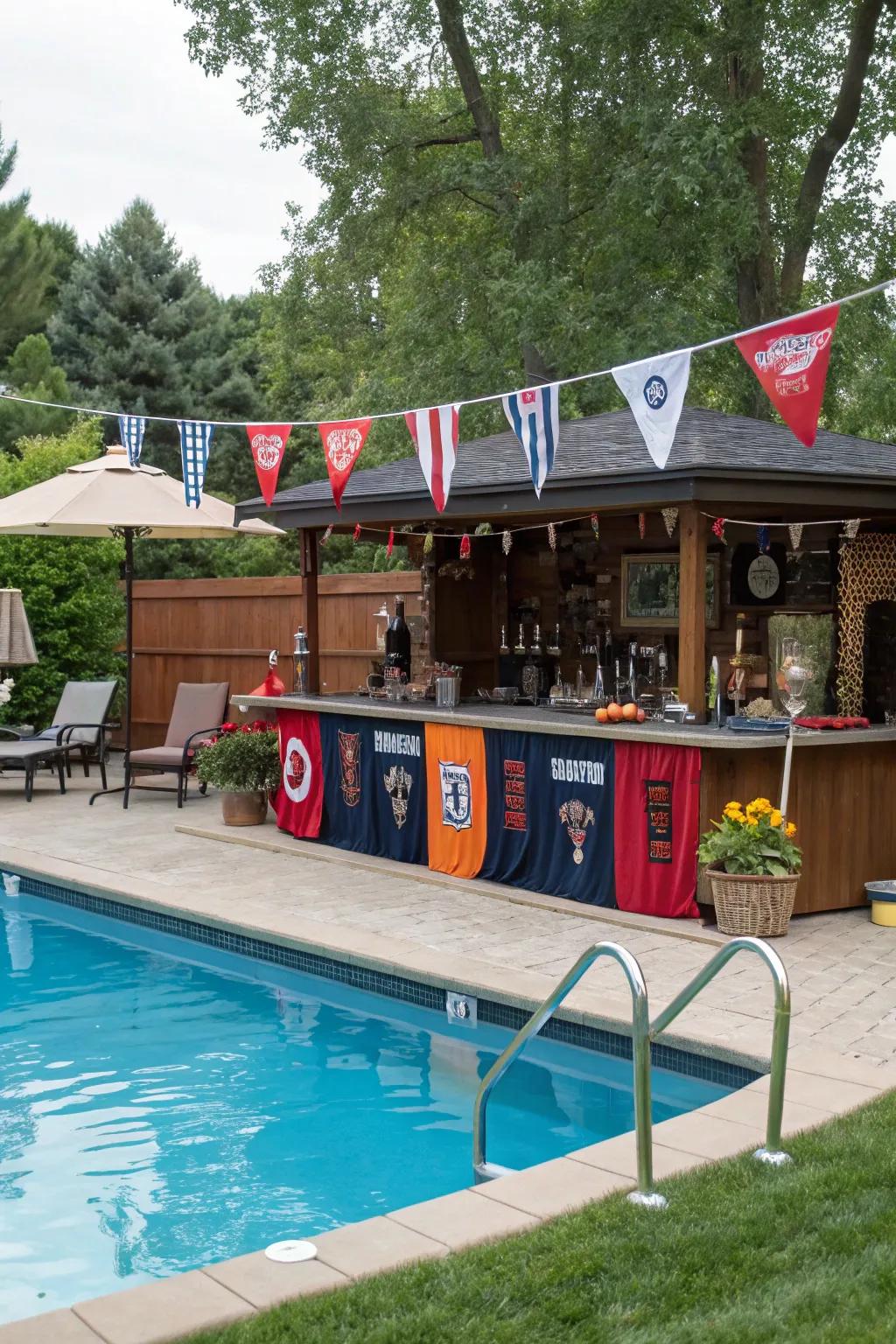 A sports-themed bar is the ultimate setting for experiencing game-day excitement by the pool.