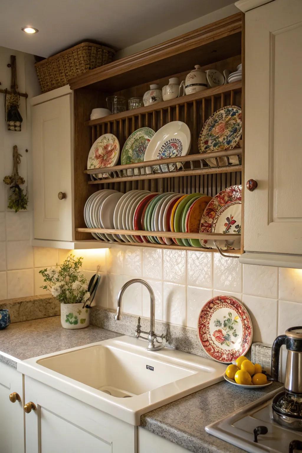 Plate racks offer vintage allure and practical storage.