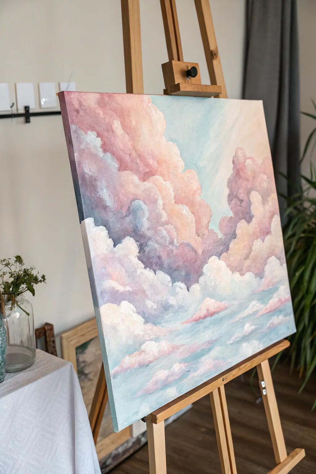 An abstract watercolor featuring ethereal sky vistas.