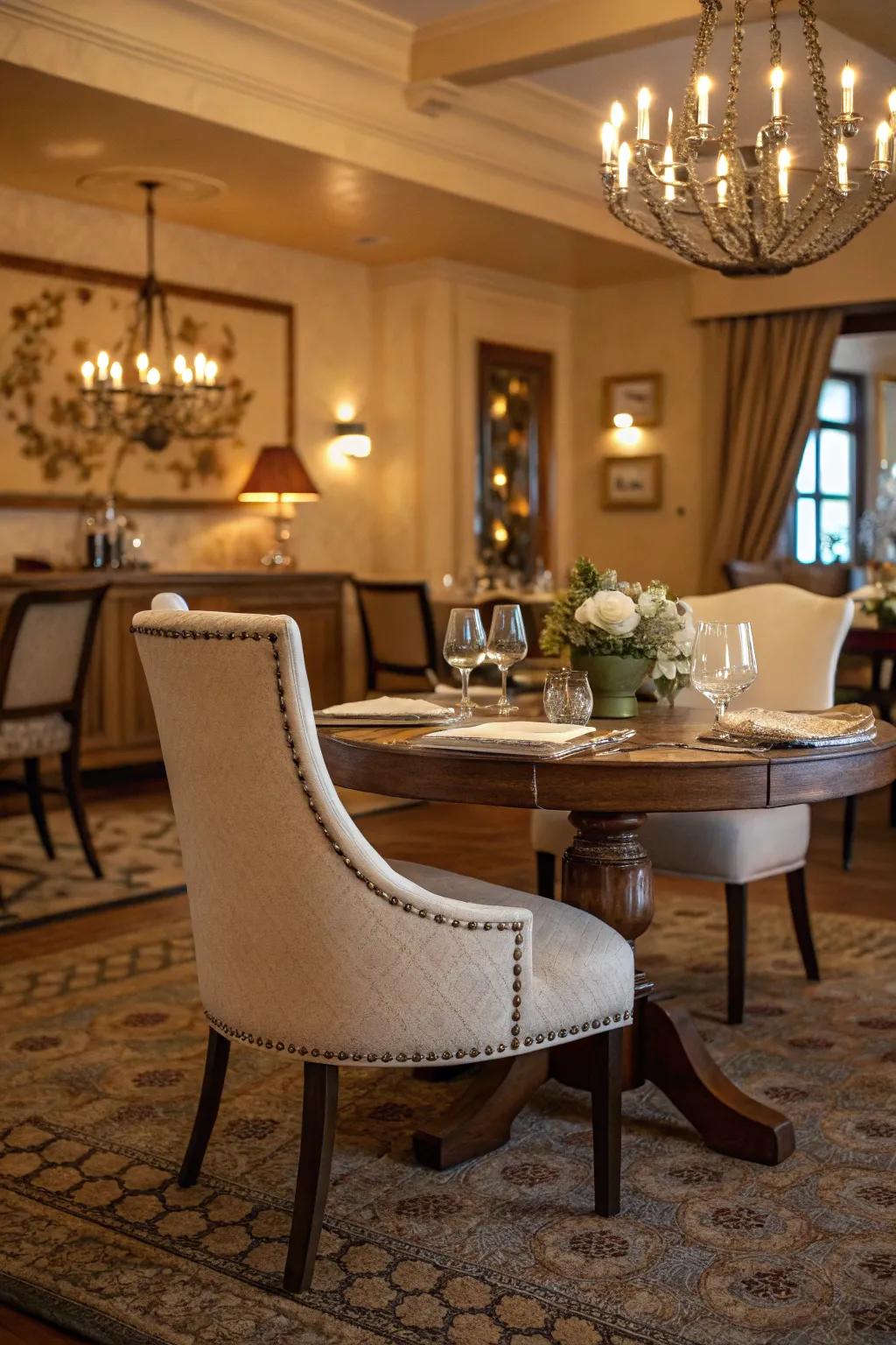 An accent chair at the dining table's head introduces a personal note.