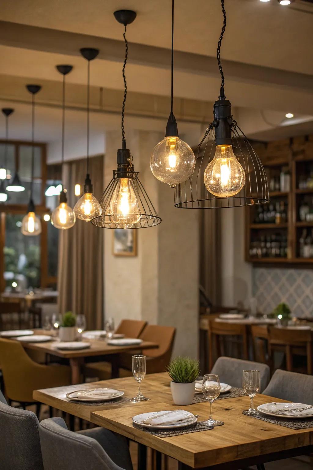 Groups of hanging lights make dining feel stylish.
