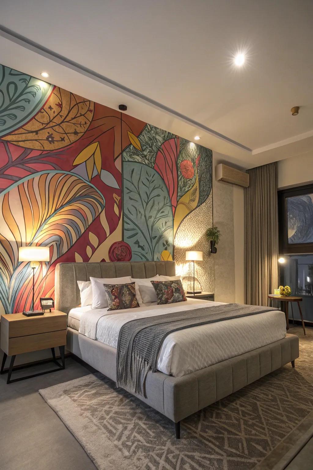 An abstract design on the accent wall introduces a unique artistic touch to the bedroom.