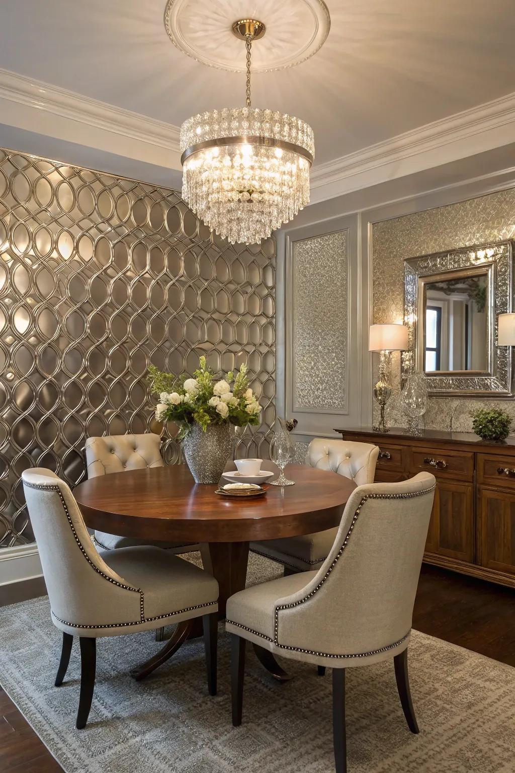 A dining space featuring a glistening accent wall for a glamorous touch.