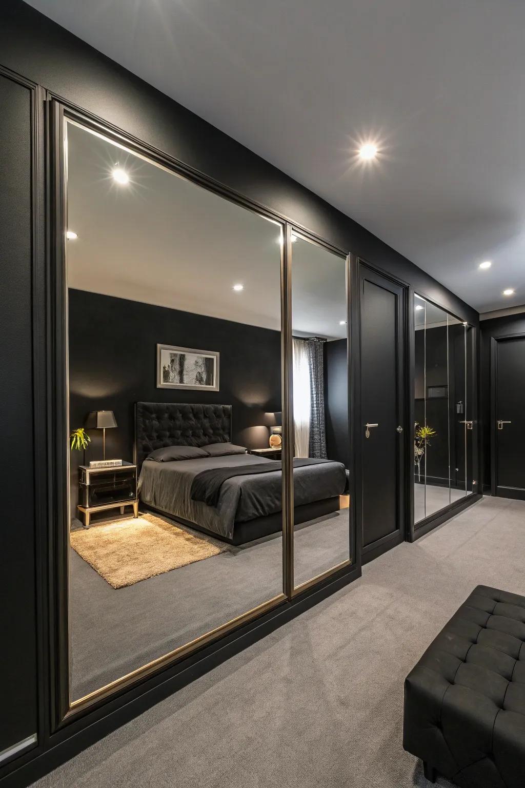 A charcoal boudoir with strategically positioned looking glasses to intensify expanse.