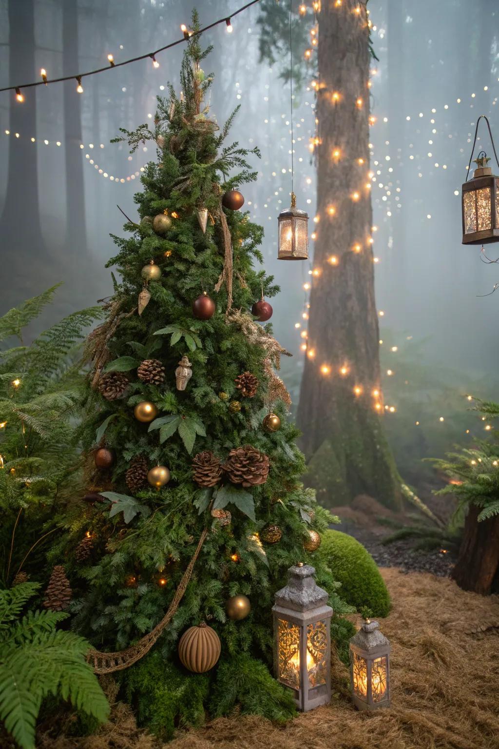 A Christmas tree inspired by enchanted woods, embellished with magical woodland components.