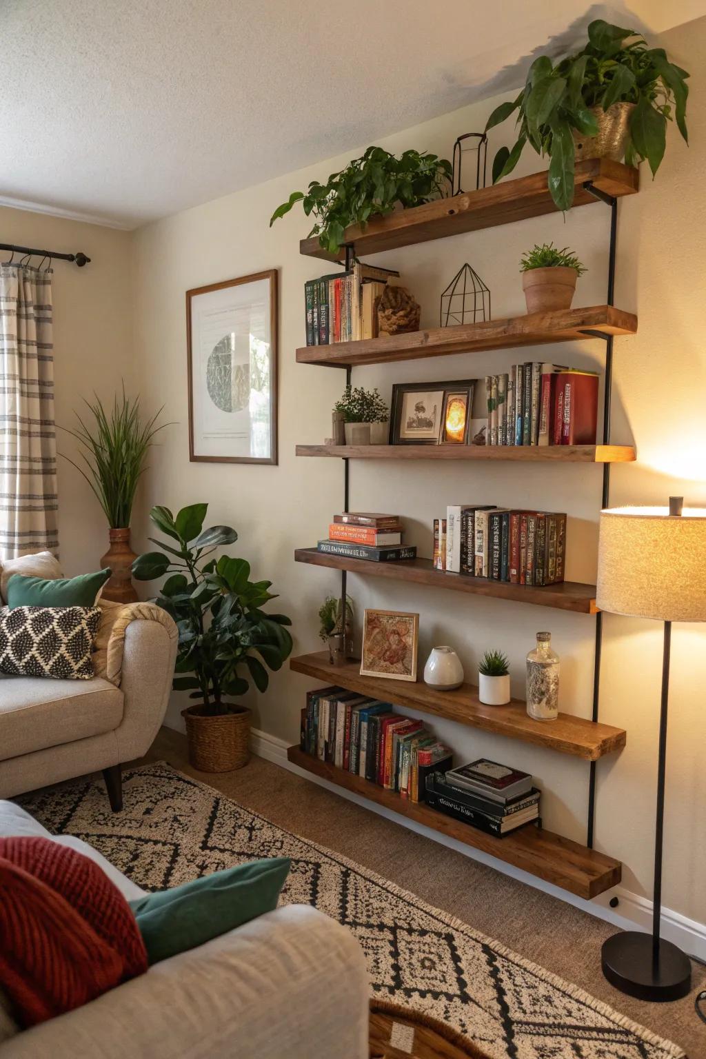 A living area showcasing stylish suspended shelving.