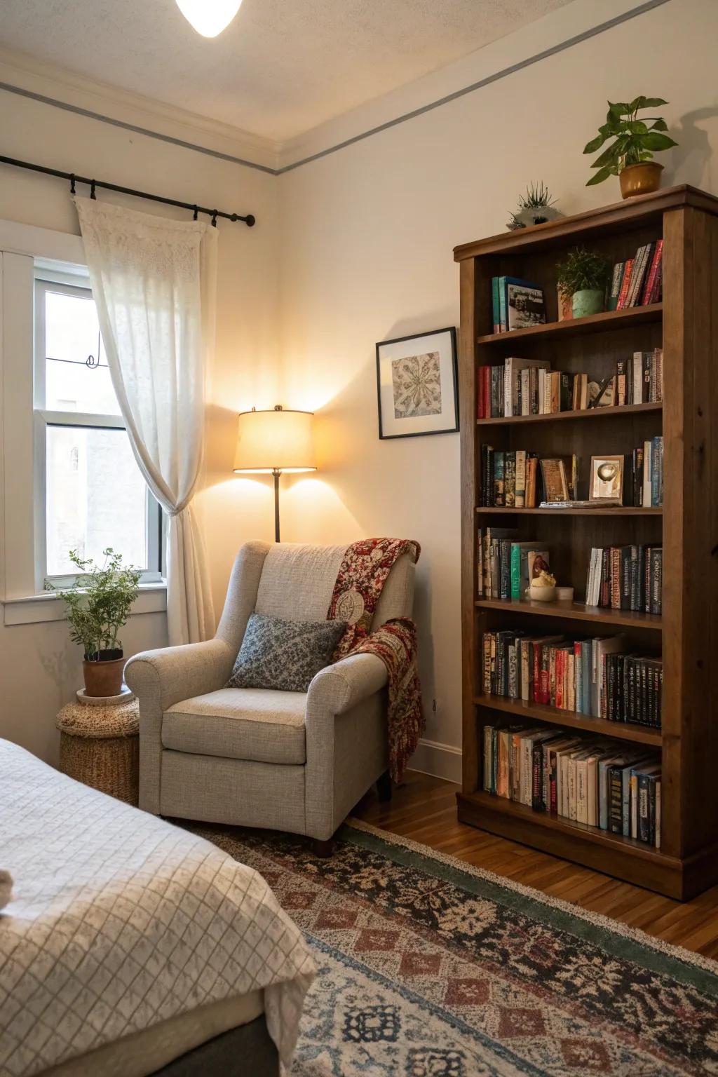 A reading alcove offers a tranquil haven within an Airbnb bedroom.