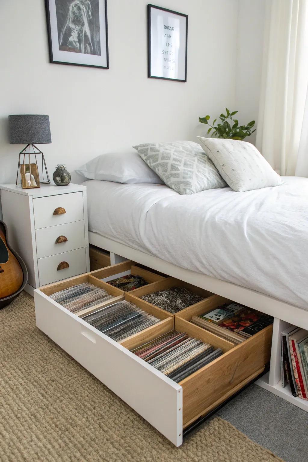 Under-bed storage containers keeping vinyl records protected and out of sight.