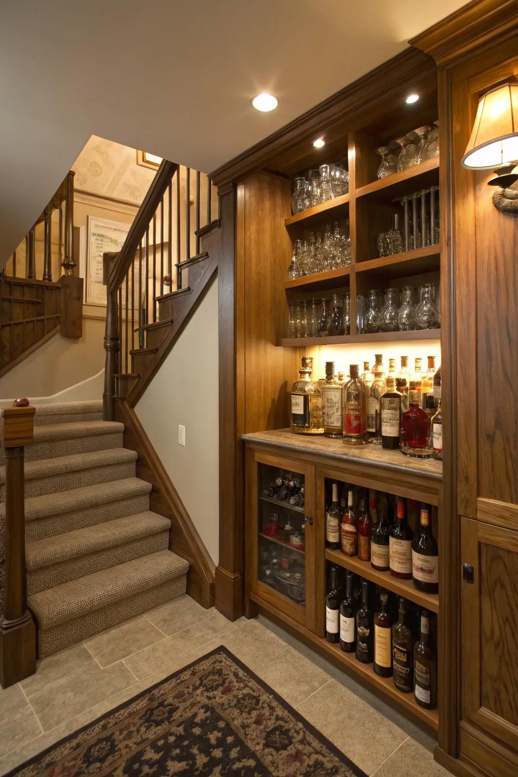 A cozy under-the-stairs nook converted into a stylish liquor storage area.